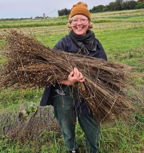 Niki Taylor of ECA Textiles Dept collecting some of the retted flax from Lauriston Farm